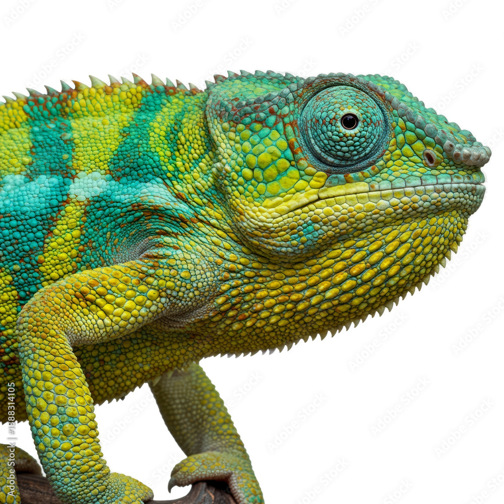 Obraz premium Realistic Chameleon Close-Up With Green Yellow Scales And Soft Bokeh Background