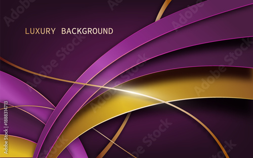 Luxurious abstract background in purple color with gold accents and flowing curves. The layered purple ribbons create depth, elegance, and a refined modern look.