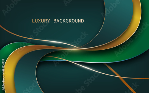 Luxurious abstract background green color combined with elegant gold accents and flowing curves of ribbons.