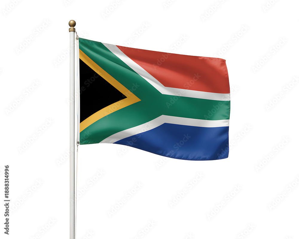 Fototapeta premium Vibrant South African flag waving proudly, a symbol of national pride, unity, and heritage for travel, culture, and global connection