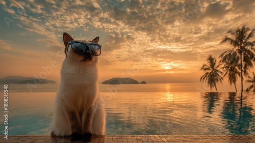 Cool cat with sunglasses enjoys serene sunset by the tropical poolside