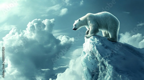 Majestic polar bear atop icy mountain peak under dramatic sky.