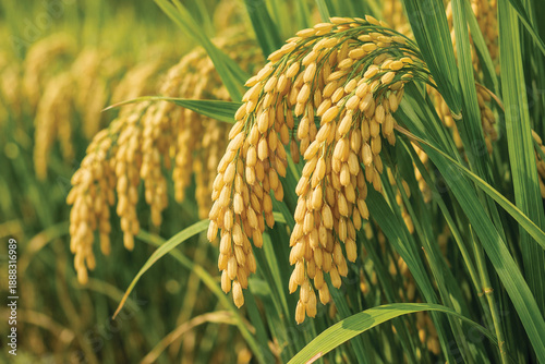Ripe Rice Grains on Plant with Golden Yellow Panicles and Green Leaves