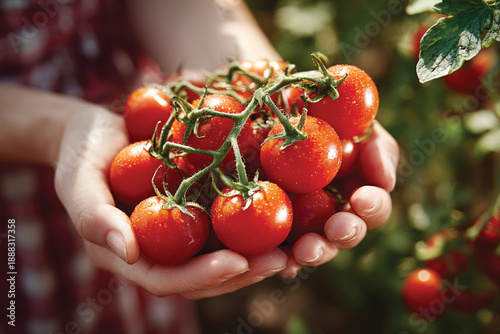 Ripe Cherry Tomatoes on Vine Held in Woman’s Hands, Fresh Harvest