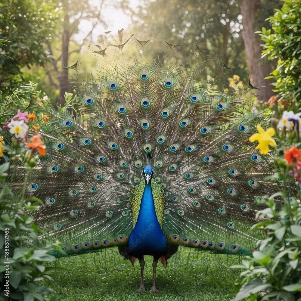 Obraz premium A beautiful peacock standing in a garden, fully spreading its vibrant tail feathers. It is facing forward and looking directly at the camera with a sharp gaze.