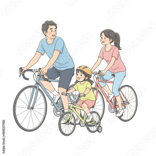 A happy family enjoys a cycling outing together on a sunny day, smiling.