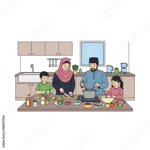 Family cooking together in a modern kitchen with various ingredients and cooking utensils on the table