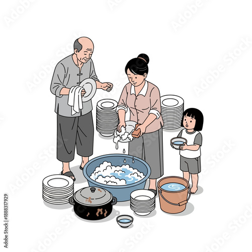 A multi-generational family washing dishes together in an outdoor setting.