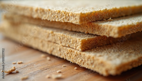 Three stacked slices of whole grain bread texture macro view. Rustic whole wheat toast slices for healthy breakfast meal on wooden surface. Dry crumbs scattered.