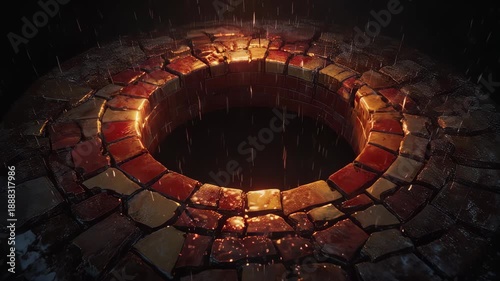 A glowing well-like structure with a mosaic rim and a deep, dark abyss