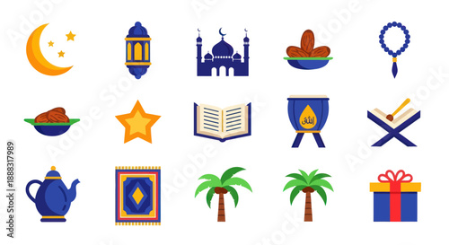 Islamic symbols and icons set isolated on white background vector illustration