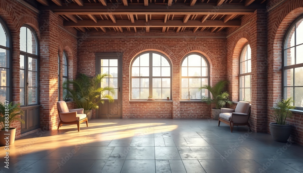 Fototapeta premium Sunlit loft studio with brick walls and arched windows. Two armchairs and potted plants create a relaxed atmosphere. Wide open space ideal for photoshoots, events, or commercial use in urban setting.