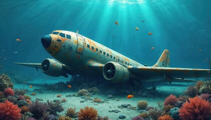 Sunken vintage airplane rests on ocean floor with colorful coral reefs and small fish swimming around. Sunlight beams filter down through the blue water onto the wreck.