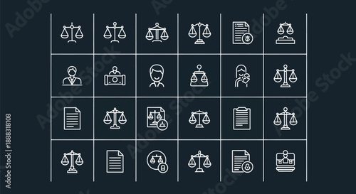 Legal icons set representing justice law and court proceedings