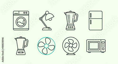 Line art illustrations of household appliances and electronic devices