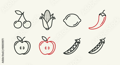 Line art illustrations of various fruits and vegetables on cream backdrop