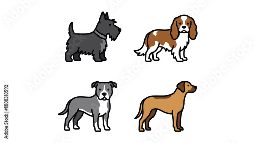 Diverse Cartoon Dog Breeds Vector Illustration Set - Scottish Terrier, Cavalier, Pit Bull, Rhodesian Ridgeback