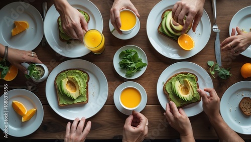 Overhead View of Avocado Toast Brunch with Orange Juice and Friends