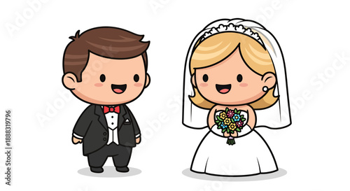 Charming cartoon newlyweds illustration featuring a groom and bride in wedding attire