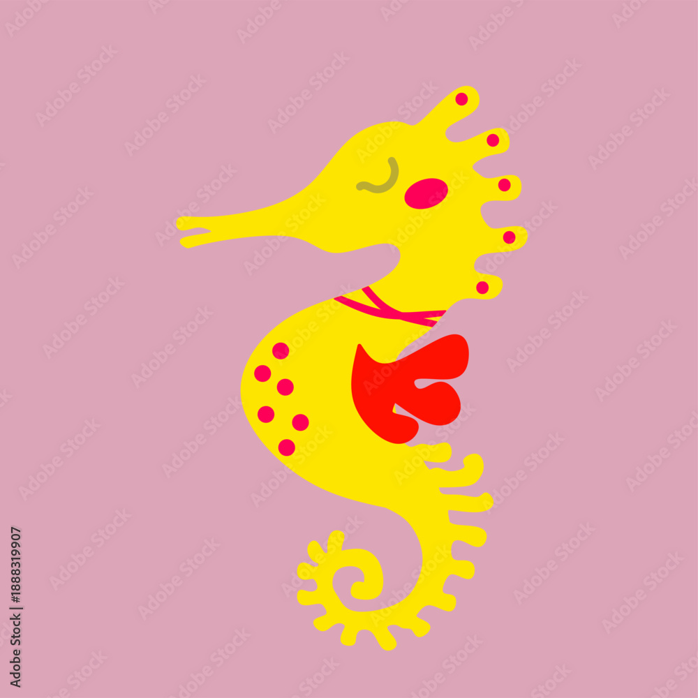 Obraz premium Cute yellow seahorse illustration with red heart on pink background, playful love themed cartoon sea animal illustration for kids design, valentine, and decoration