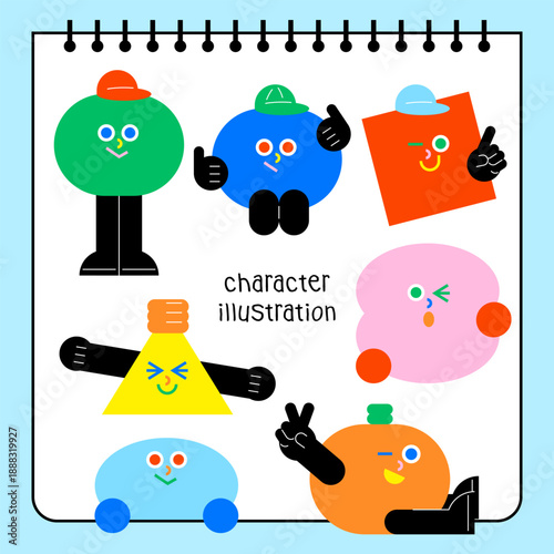 귀여운 기하학 도형 캐릭터 세트 교육 및 비즈니스용 일러스트레이션 - Set of Cute Geometric Shape Characters for Education and Business Design
