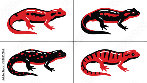 Diverse Red and Black Salamander Patterns Illustration Set