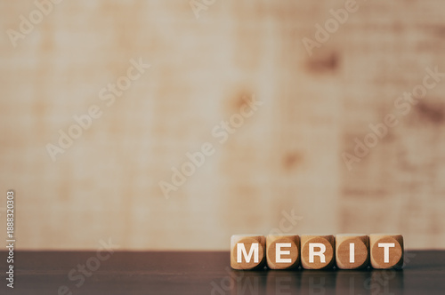 There is wood cube with the word Merit. It is as an eye-catching image.