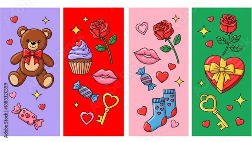 Valentine's Day Vibrant vector compilation of romantic symbols and sweet treats, embodying affection and celebration for heartfelt Valentine's Day designs and loving gestures