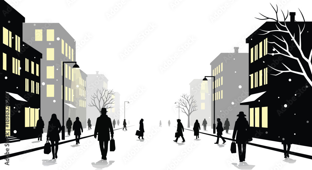 Obraz premium City street on a snowy evening with people walking