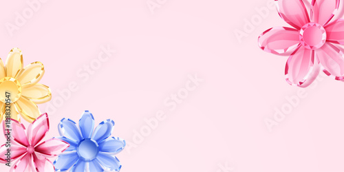 Colorful crystal flowers on soft pink empty background with pastel colors and shiny petals.