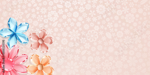 Beautiful, colorful crystal flowers in shades of pink, blue, and orange on a soft pink background with a subtle floral pattern.
