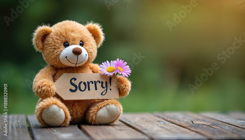 Cute teddy bear with flowers holds sorry sign on wooden table. Adorable plush toy apologizes offering sympathy and kindness. Soft toy conveys heartfelt message of forgiveness and support.