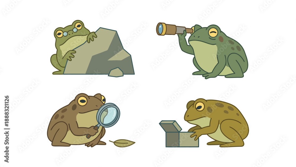 Fototapeta premium Cartoon Frogs Set: Peeking, Spyglass, Magnifying Glass, and Treasure Box
