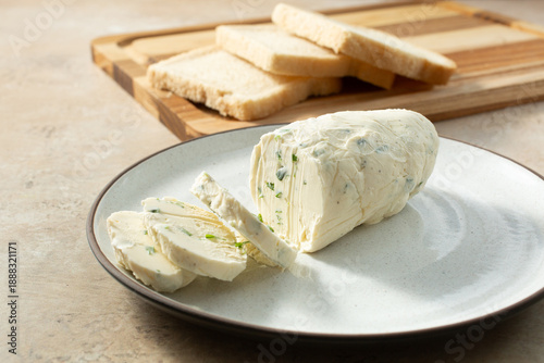 A view of dairy-free compound butter, on a plate.