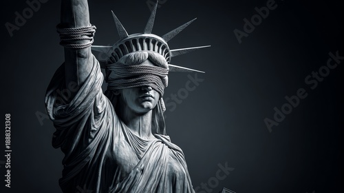 A dramatic close-up of the Statue of Liberty with her eyes covered by thick rope bindings and additional ropes wrapped around her raised torch arm.