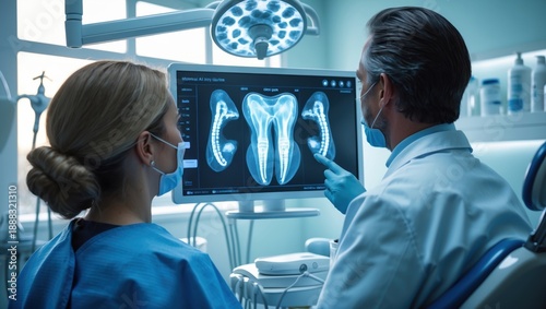 Dentist Explaining Dental X-ray to Assistant in Modern Clinic