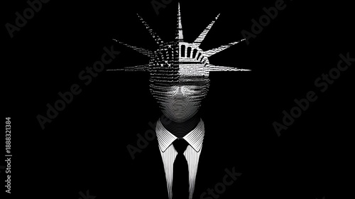 Black-and-white illustration of a man in suit and tie whose head transforms into the crowned face of the Statue of Liberty, created entirely from dense dotted binary code patterns.