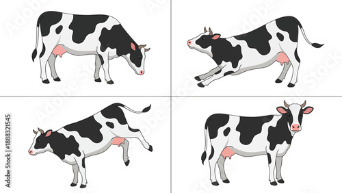 Cartoon Cow Poses: Grazing, Jumping, Standing - Vector Illustration