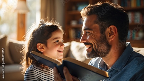 Father and Daughter Reading Story Book Together at Home, Bonding Moment