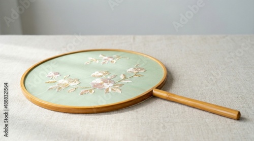 Traditional round hand fan with floral design on soft fabric background  