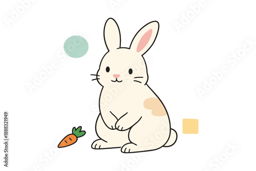 Cute cartoon rabbit with carrot and colorful shapes on a white background