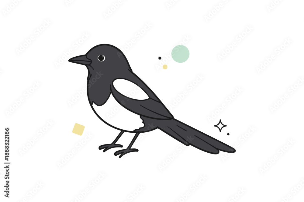 Obraz premium Cartoon magpie illustration with geometric elements on white background
