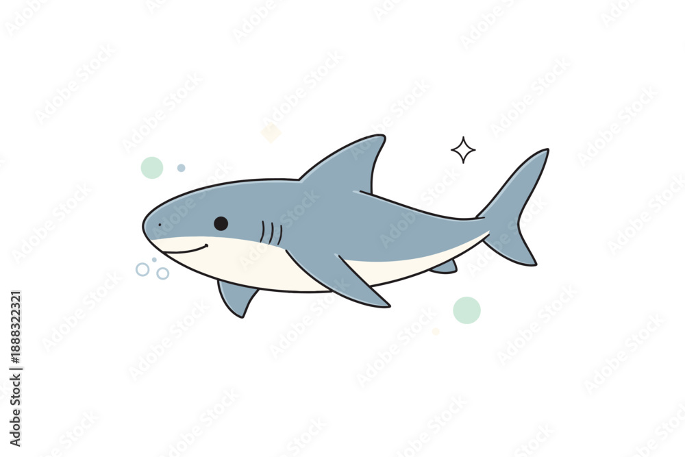 Fototapeta premium Smiling cartoon shark illustration with ocean bubbles