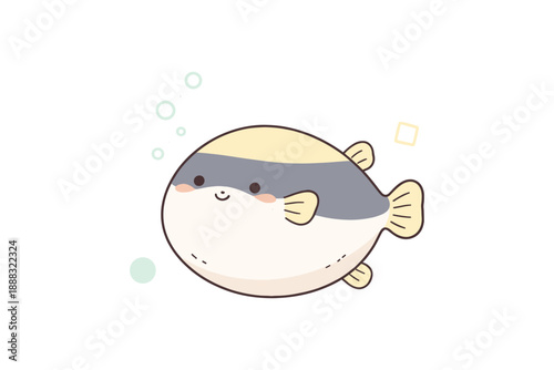 Cute cartoon pufferfish with bubbles on white background