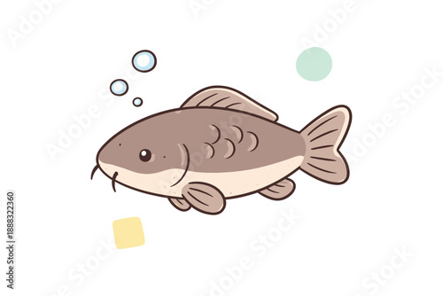 Cute cartoon catfish with bubbles and geometric shapes