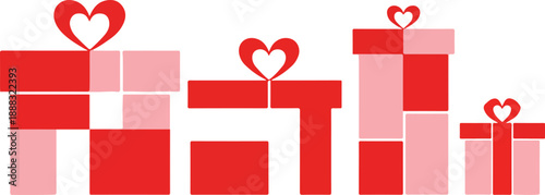 An adorable assortment of graphic Valentine Gift boxes, adorned with hearts and colored in romantic red and pink hues