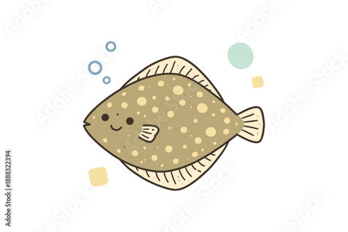 Cute cartoon flounder with bubbles and geometric shapes on white background
