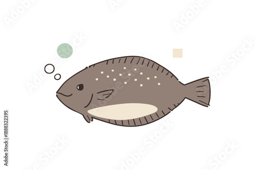 Cartoon flounder illustration with bubbles and geometric shapes