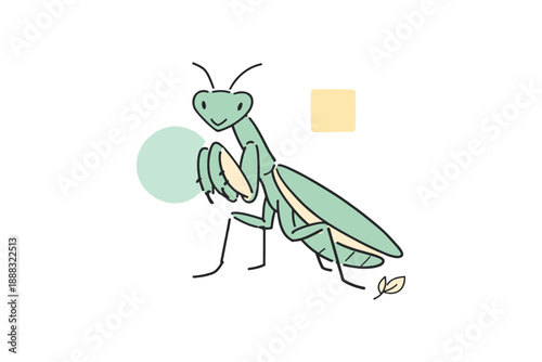 Minimalist praying mantis illustration with simple shapes and pastel colors