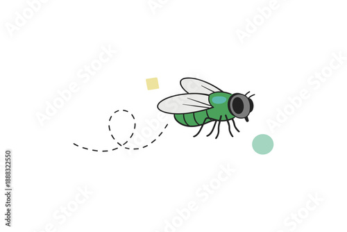 Illustration of a cartoon fly with dotted flight path on white background